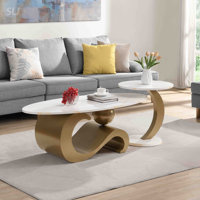 Elegant Nesting Coffee Table Set Of 2, Oval And Round Design For Living Room With Faux Marble And Golden Frame by Everly Quinn