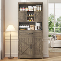 69.3" Tall Kitchen Pantry Cabinet With 2 Barn Doors, 1 Drawer, Adjustable Shelves, Wide Countertop & Usb Charging Holes, Farmhouse Storage Cupboard by Gracie Oaks
