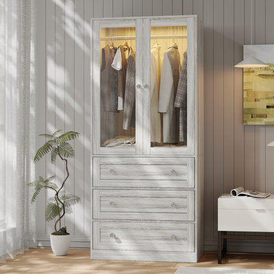 Wardrobe Closet With Drawers And Light, 75" Armoire With Hanging Rod, 2 Doors Wooden Wardrobe Cabinet For Bedroom by Ebern Designs