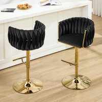 360°Velvet Swivel Bar Stools Set of 2,Gold Bar Stool Set of 2 with Woven Backrest, Modern Adjustable Counter Height Bar Stool by Mercer41