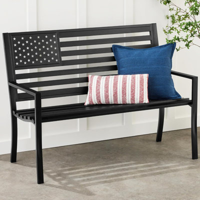 Outdoor Bench 2-person Steel Indoor/outdoor Bench For Garden, Patio, Porch, Entryway W/american Flag, 790lb Capacity Black by Lark Manor