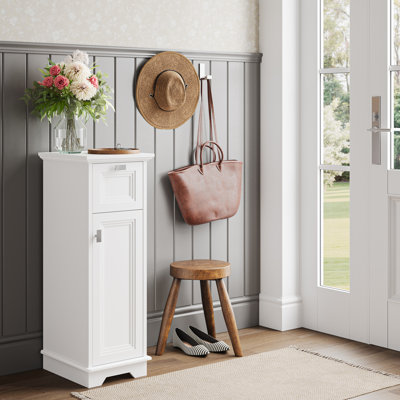 Slim Cabinet With Layered Door And Drawer – White by Charlton Home