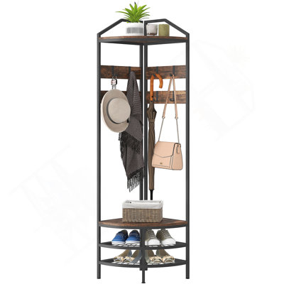 Coat Rack Corner Hall Tree, Industrial 4-Tier Coat Rack with Shoe Storage, 8 Movable Hooks and 2 Shelves by 17 Stories