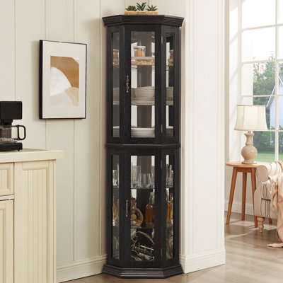 Lighted Corner Curio Cabinet - Glass Display Shelf with Tempered Glass Doors, Adjustable Shelving, and Included Bead Bulb - Ideal Bar Cabinet for Home by Red Barrel Studio