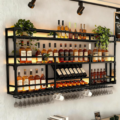 Wall Mounted Wine Rack, Floating Industrial Liquor Glass Holder 3 Tiers, Large Metal Wine Bottle Display Rack Hanging Shelf, For Home Bar Dining Room by Everly Quinn