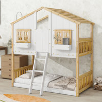 Twin Over Twin House Bunk Bed With Roof , Window, Window Box, Door , With Safety Guardrails And Ladder by Ophelia & Co.