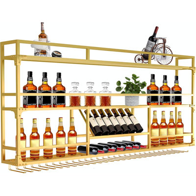 Wall Mounted Wine Rack, Floating Industrial Liquor Glass Holder 3 Tiers, Large Metal Wine Bottle Display Rack Hanging Shelf, For Home Bar Dining Room by 17 Stories