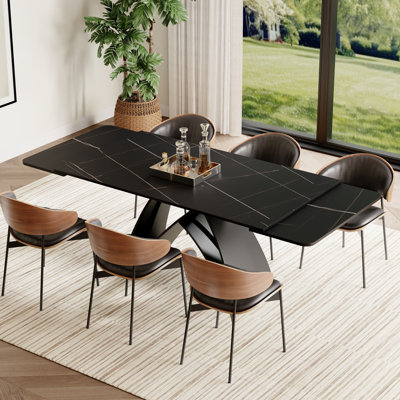 63-95"Extendable Modern Dining Table For 6-10, Black Sintered Stone Tabletop by Ivy Bronx