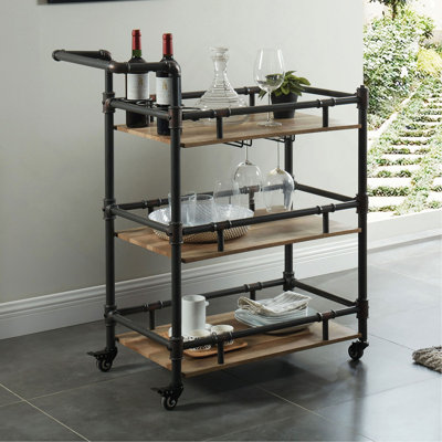 Industrial Style Antique Black Inspired Design Natural Oak 1Pc Serving Cart 3-Tier Server W Wheels by 17 Stories