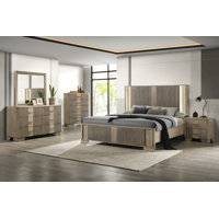 5-Piece Modern Solid Wood Bedroom Set with Smart Light Headboard, Curved Modern Design, & Dresser With Anti-Tip Safety by Latitude Run