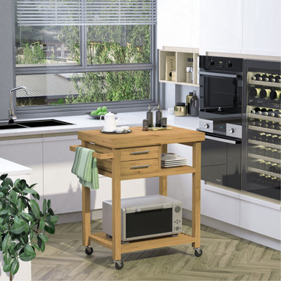 Bamboo Kitchen Island Cart On Wheels, Utility Trolley Cart With 2 Storage Drawers And Open Shelves, Bamboo Tone by George Oliver