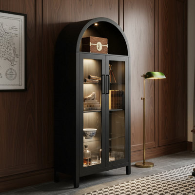67"H X 30"W Tall Arched Storage Cabinet With LED Light & Glass Doors, Storage Cabinet With Adjustable Shelves by Wrought Studio