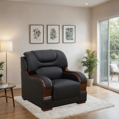 38" Modern Genuine Leather Oversized Armchair With Curved Wood Accents by Mercer41