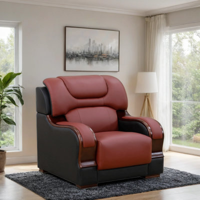 38" Modern Genuine Leather Oversized Armchair With Curved Wood Accents by Mercer41