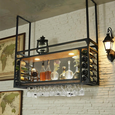 Wall Mounted Wine Rack With LED Light, Hanging Wine Bottle Holder Ceiling, 2-Layer Liquor Bottle And Glass Holder Display Storage,For Home Kitchen Din