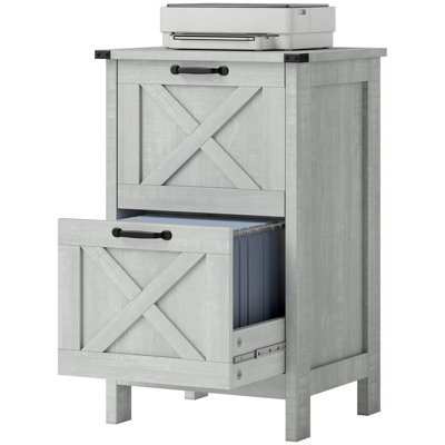 Rustic Farmhouse Style Two-Drawer Office Storage and Filing Cabinet with Barn Door Design for Home Workspace Organization and Printer Stand Use, Durab by Ophelia & Co.