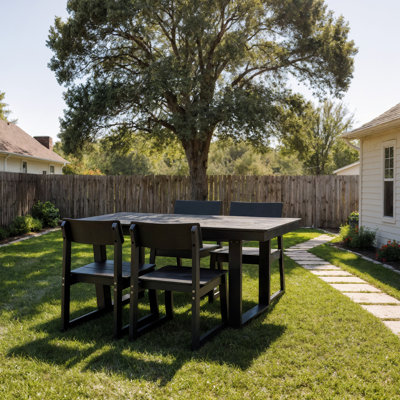 5-Piece HDPE Outdoor Dining Set For 4 – Weather-Resistant Patio Table And Chairs With Umbrella Hole, Antique Dark Oak Furniture For Backyard, Garden,
