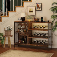 42" Industrial Coffee Bar Cabinet with LED Lights, Power Outlets & Wine Storage, Rustic Brown