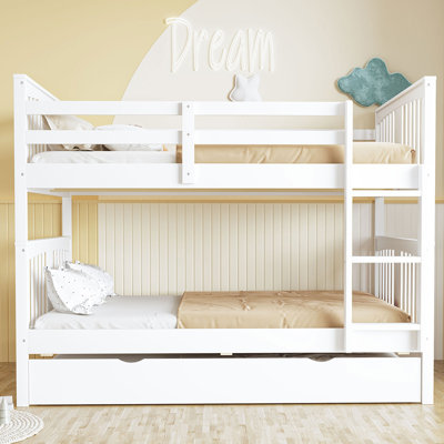 Full Over Full Bunk Bed with Twin Trundle and Ladder, Solid Wood Frame, White by Harriet Bee