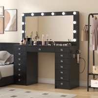 Makeup Vanity with 15 Drawers, Vanity Desk with 12 LED Bulbs and HD Mirror, 3 Color Brightness Adjustable, Vanity Set for Bedroom by Latitude Run