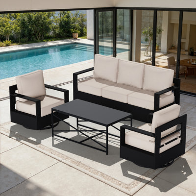 4-Piece Modern Aluminum Outdoor Patio Furniture Set Swivel Chairs with Beige Cushions and Coffee Table