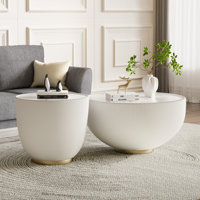 Nesting Coffee Table Set of 2, Round Coffee Table and End Table with Faux Marble Top & PU Leather Metal Base, Small Bowl-Shape Round Center Table Sofa by Mercer41