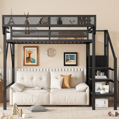 Twin Size Metal Loft Bed with Stairs, Storage Shelves & Wardrobe, High Loft Bed for Kids and Teens by Latitude Run