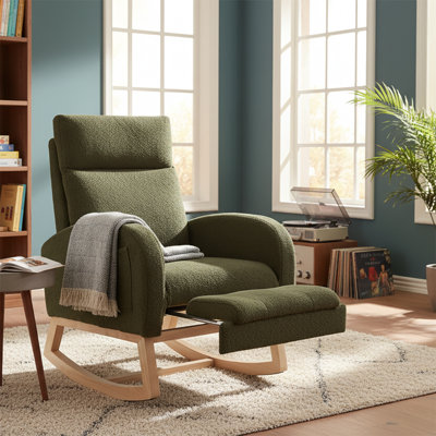 Teddy Fabric Upholstered High Back Rocking Chair with A Storage Pocket and Adjustable Footstool