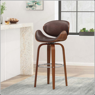 Mid-Century Modern Swivel Bar Stool with Bentwood Frame and Chrome-Finished Foot Rail, Ideal for and Office Use. by George Oliver
