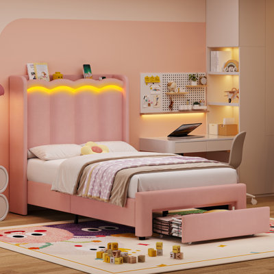 Velvet Upholstered Storage Kids Bed With LED Lights, Twin Size Platform Kids Bed With 1 Drawer by Wrought Studio