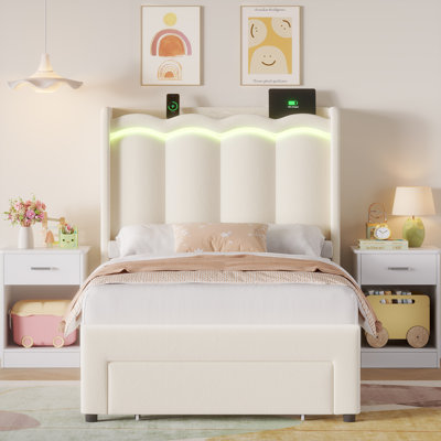 Velvet Upholstered Storage Kids Bed With LED Lights, Twin Size Platform Kids Bed With 1 Drawer by Wrought Studio