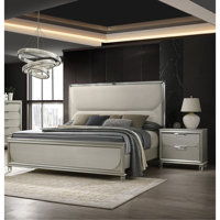 Glamorous Luxury Silver Fabric Upholstered Queen Size Bed W LED 2X Nightstands Embossed Panel 3Pc Set Bedroom Furniture by Everly Quinn