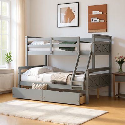Twin Over Full Bunk Bed with Ladder and Two Storage Drawers, Convertible Solid Wood Frame with Safety Guardrails by Harriet Bee