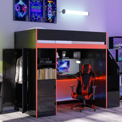 Full-Size Gaming Loft Bed with Desk, Storage, and LED Lights – Modern Teen Bedroom Furniture by Isabelle & Max