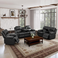 3-piece Sectional Manual Recliner Sofa Set For Living Room With Storage Console & Cup Holders, Solid Wood Frame & Breathable Pu Leather, Reclining Cou by Latitude Run