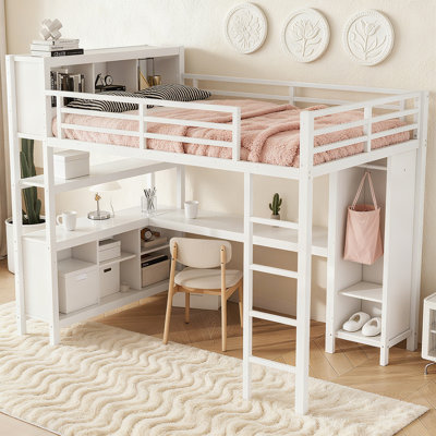 Metal Loft Bed With Wardrobe And L-shaped Desk, Heavy Duty Loft Bed Frame With Storage Cubes And Shelves For Kids Teens Adults by Isabelle & Max