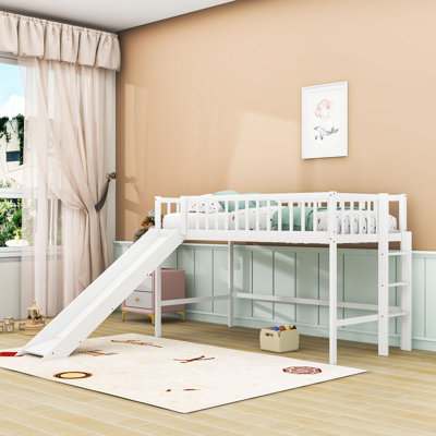 Wood Twin Low Loft Bed With Ladder, Slide And Guardrails by Harriet Bee