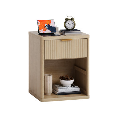 Fluted Nightstand with Charging Station, Bedside Table with Drawers Storage Space, Metal Handles and Rounded Corners for Safety, Mid Century Modern En by Ebern Designs