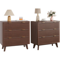 32" Width Fluted Nightstand Set of 2, Modern 3 Drawer Bedside Table with Faux Marble Top, Wood Chest of Bedside Table with Curved Profile, End Table f by Latitude Run