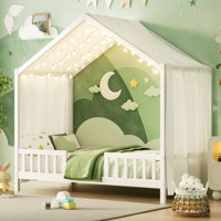 Montessori Floor Bed with Canopy, Bed Frame for Kids, House Shape Toddler Bed Frame with High Railings, Wood Kids Bed with Roof, Kid Bed by Ophelia & Co.