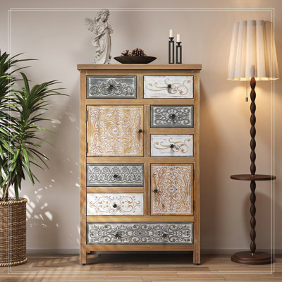 Accent Cabinet With 6 Drawers & 2 Doors, Rustic Multicolor Carved Storage Chest by Bungalow Rose
