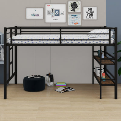 Metal Loft Bed With Storage Shelf, Ladder And Guardrails by Wrought Studio