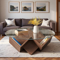 Round Coffee Table With Glass Top And Storage Shelves by Ivy Bronx