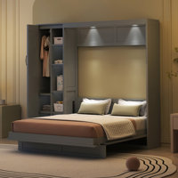 Murphy Bed with Shelves, Wardrobe, and LED Lights, Ideal for Space-Saving in Multi-Use Rooms by Hokku Designs