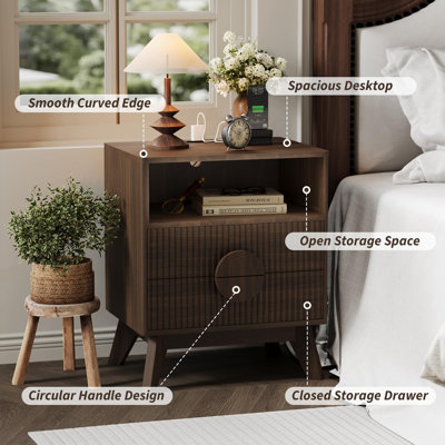 2 PCS Modern Fluted Wood Nightstand Bedside Table End Table with Charging Station, Drawers and Storage Shelf by 17 Stories