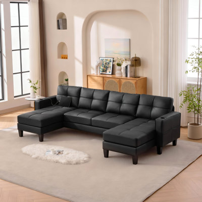 116” W Faux Leather U-Shape Sectional Couch With Usb And Cup Holders by Mercer41