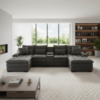 Gray U-shaped 6-seat Sofa Set With Console And Cup Holders, Featuring A Comfortable Padded Design. Suitable For Living Rooms And Apartments, It Also F