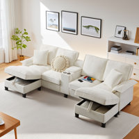 Clitheroe 121.2" Modular U-Shaped Corduroy Sectional Sofa with Dual Chaise Lounges, Hidden Storage and Cup Holders by Ebern Designs