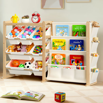 Solid Wood Toy Organizer Bookshelf – 2-in-1 Storage For Toys, Books, And Art Supplies With Adjustable Shelves For Toddlers & Children