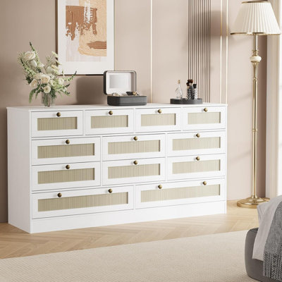 61" Wood Dresser with 12 Rattan Drawers, Modern TV Stand Chest for Bedroom & Living Room by George Oliver